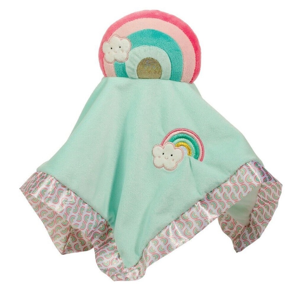 Douglas Baby Rainbow Baby Lovey Security Blanket Aqua Plush Satin Colorful Trim